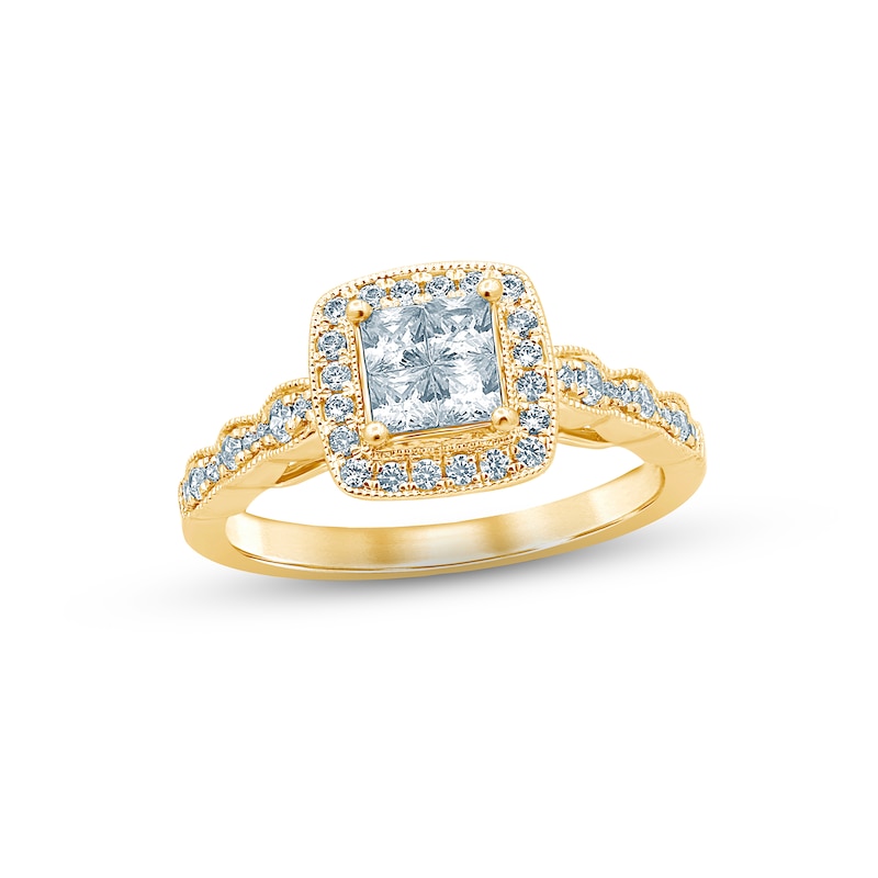 Multi-Diamond Engagement Ring 5/8 ct tw Princess & Round-cut Yellow Gold Plated