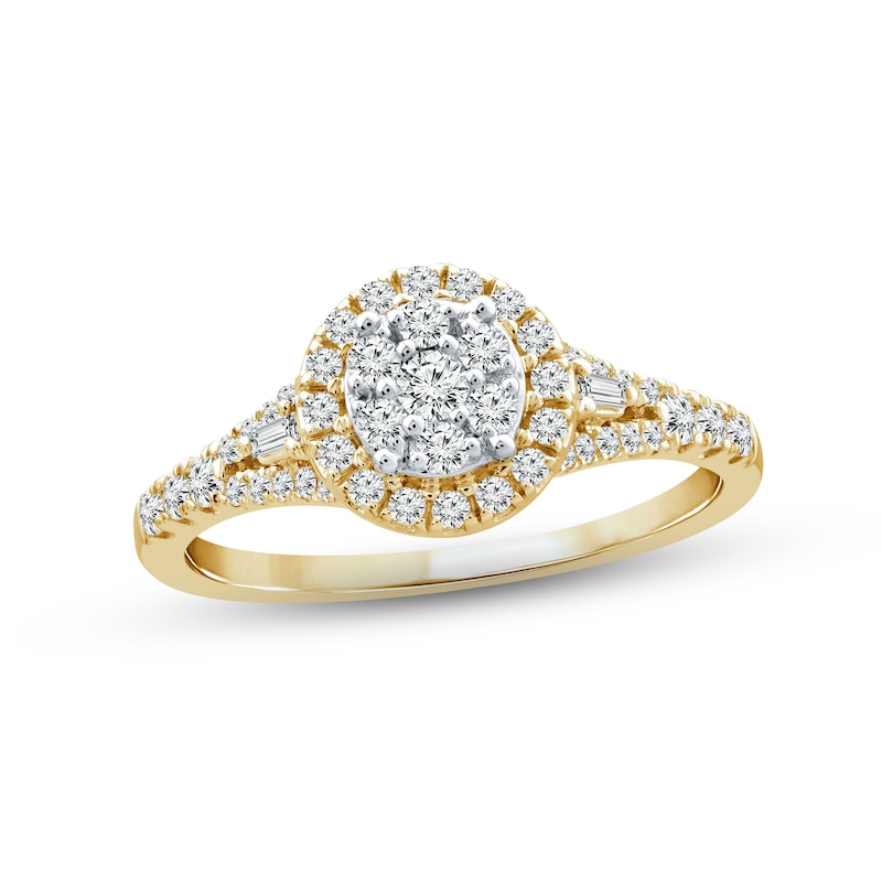 Diamond Engagement Ring 1/2 ct tw Round & Baguette-cut Yellow Gold Plated