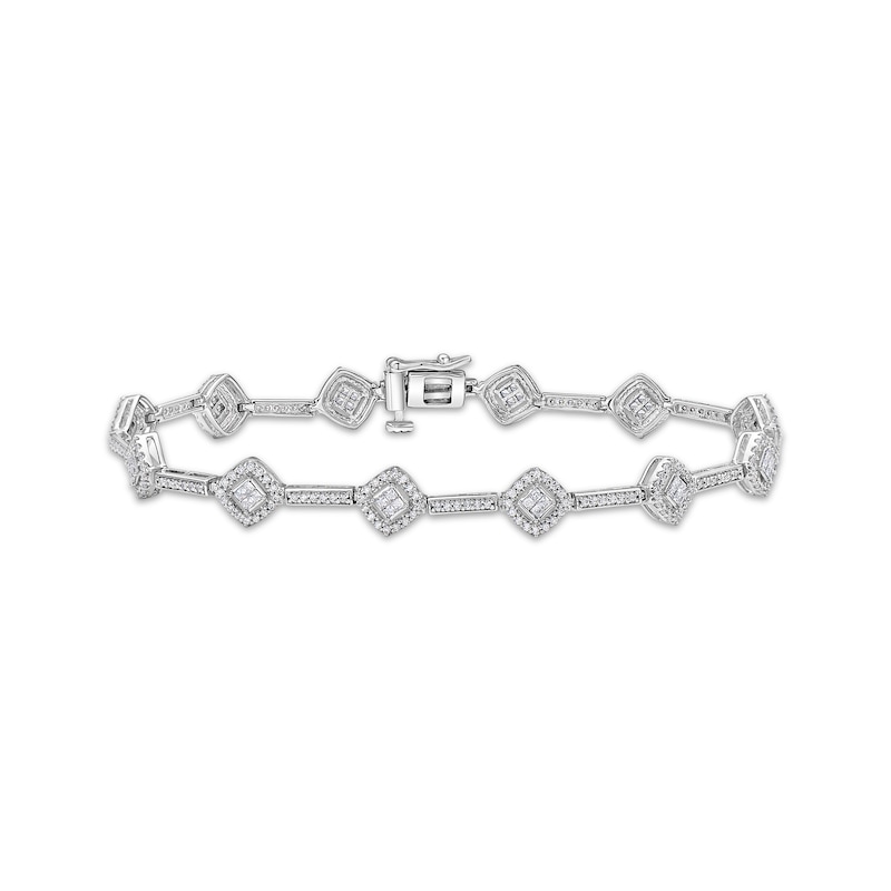 Princess & Round-Cut Diamond Cushion-Link Bracelet 1-1/2 ct tw White Gold Plated 7.25"