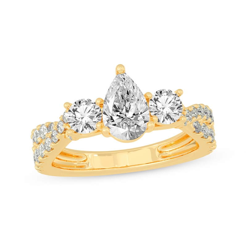 Pear-Shaped & Round-Cut Three-Stone Diamond Engagement Ring 2 ct tw Yellow Gold Plated