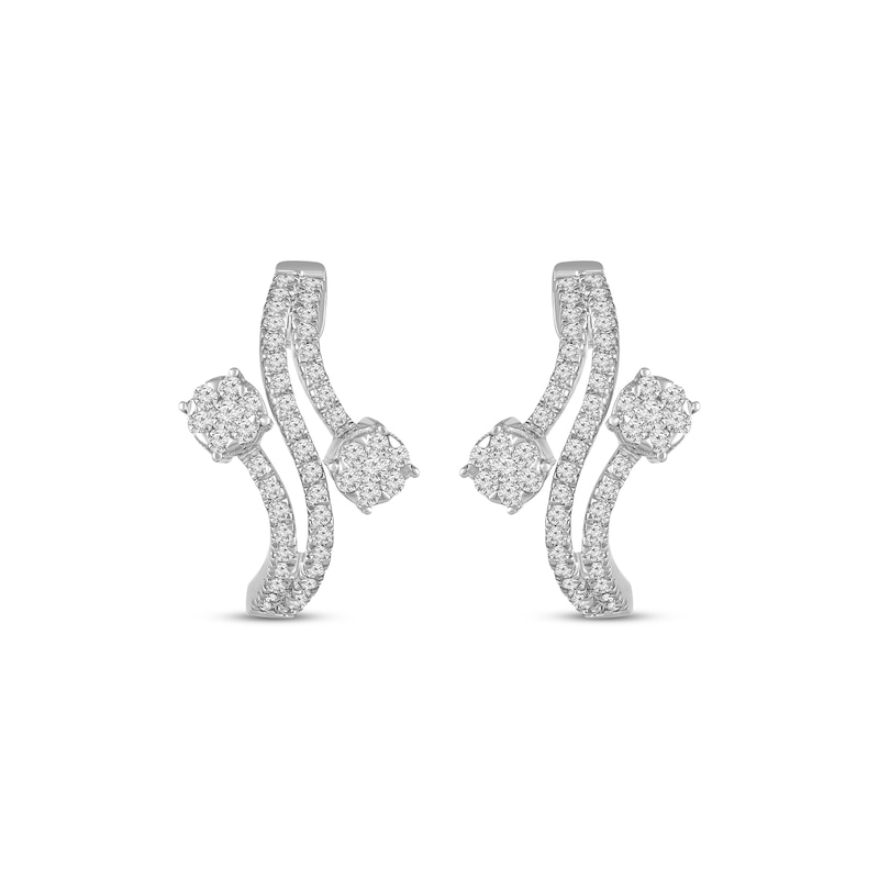 Multi-Diamond Center Bypass Hoop Earrings 1/2 ct tw White Gold Plated