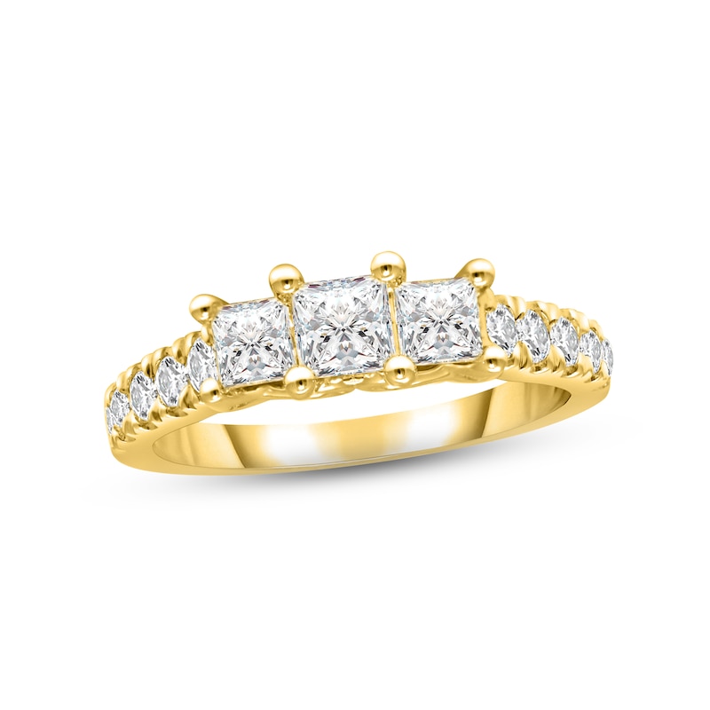 Diamond Three-Stone Engagement Ring 1-1/2 ct tw Princess & Round-cut Yellow Gold Plated