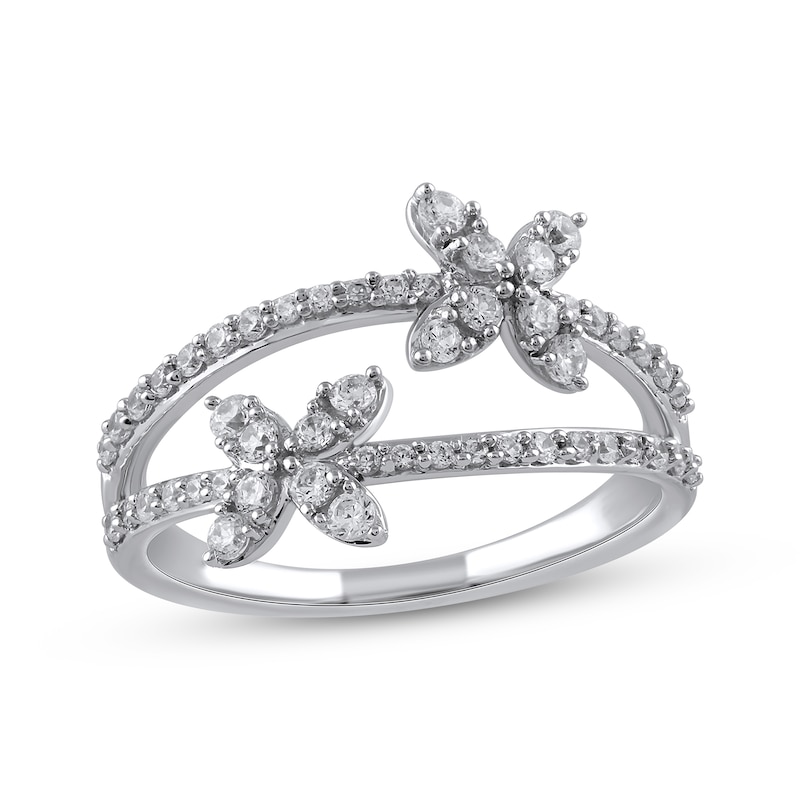 Diamond Flower Split Shank Ring 1/2 ct tw Round-cut White Gold Plated