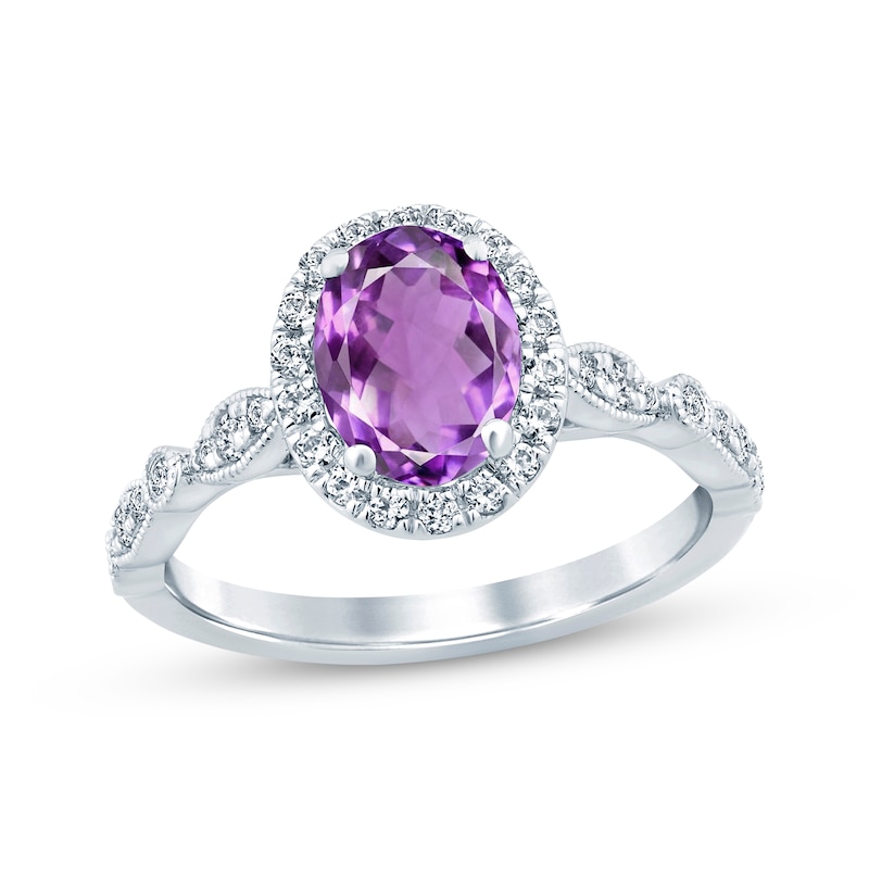 Amethyst & Diamond Oval Halo Engagement Ring 1/3 ct tw Round-cut White Gold Plated