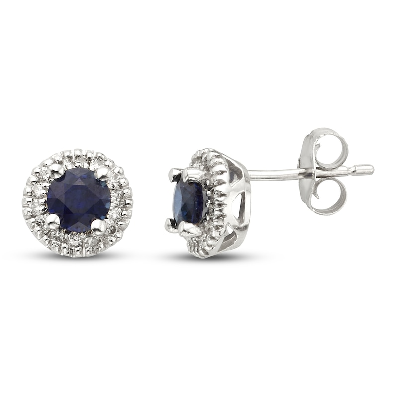 Certified Blue Sapphire & Diamond Earrings 1/8 ct tw White Gold Plated