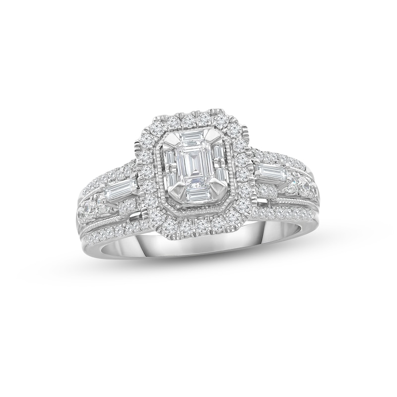 Diamond Engagement Ring 1 ct tw Emerald, Round & Baguette-cut White Gold Plated