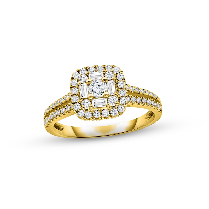 Multi-Diamond Engagement Ring 5/8 ct tw Round & Baguette-cut Yellow Gold Plated