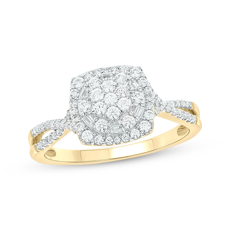 Baguette & Round-Cut Multi-Diamond Center Cushion-Shaped Engagement Ring 1/2 ct tw Yellow Gold Plated