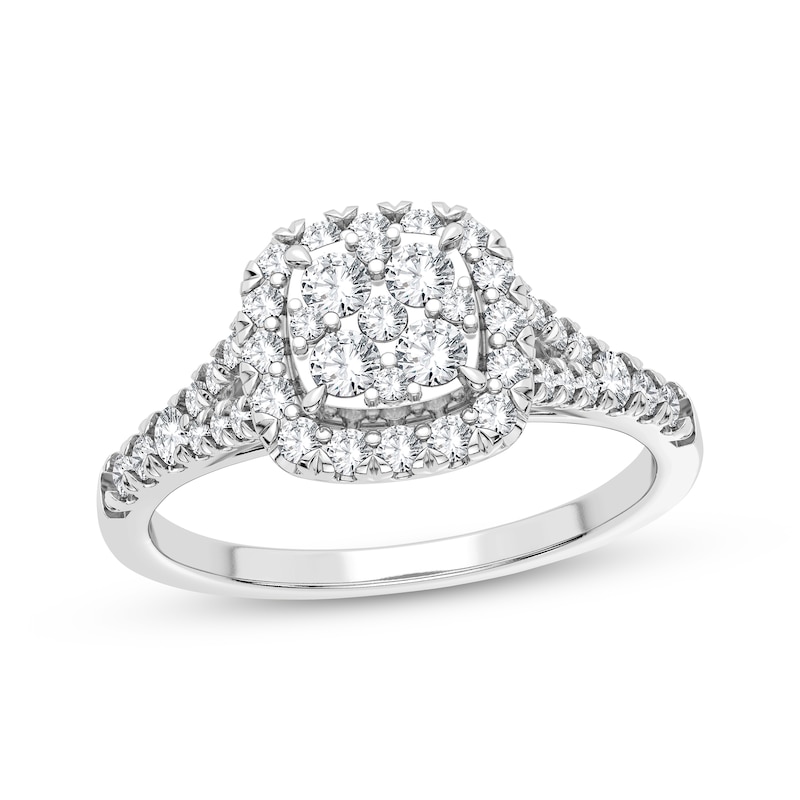 Multi-Diamond Center Cushion Split-Shank Engagement Ring 3/8 ct tw Round-cut White Gold Plated