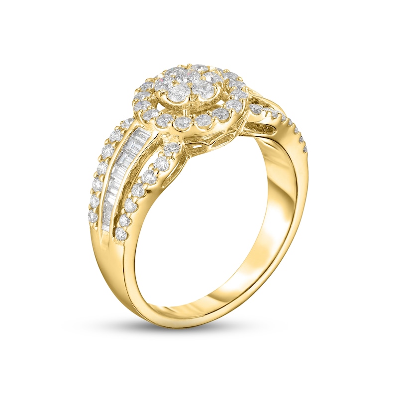 Multi-Diamond Engagement Ring 3/4 ct tw Round & Baguette-cut Yellow Gold Plated