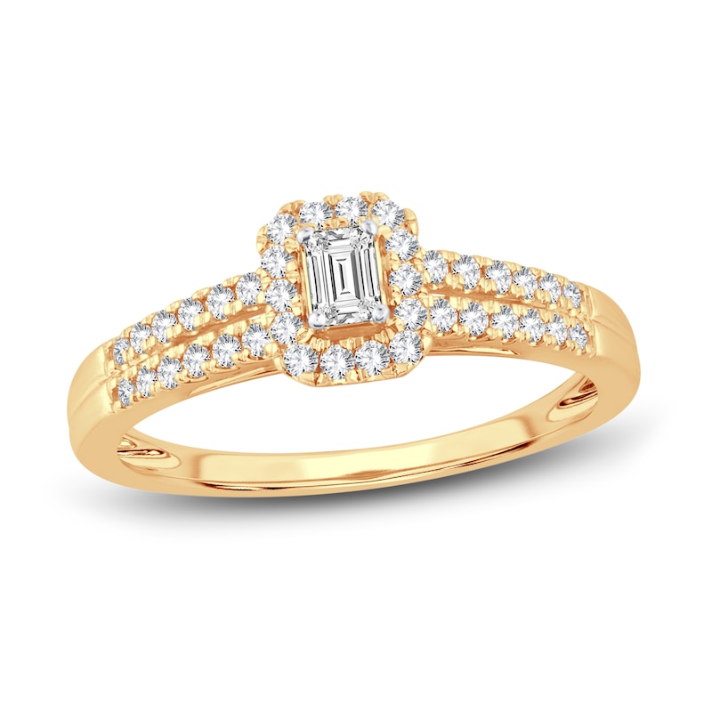 Diamond Engagement Ring 3/8 ct tw Emerald & Round Yellow Gold Plated