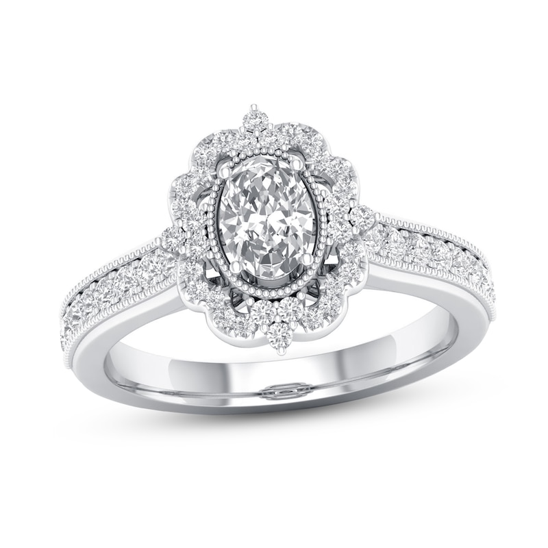 Diamond Engagement Ring 7/8 ct tw Oval & Round-cut White Gold Plated