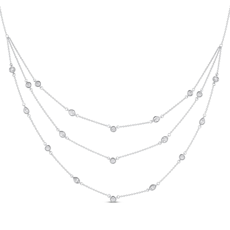 Pear-Shaped and Round-Cut Diamond Station Triple-Layer Necklace 1 ct tw White Gold Plated 16"