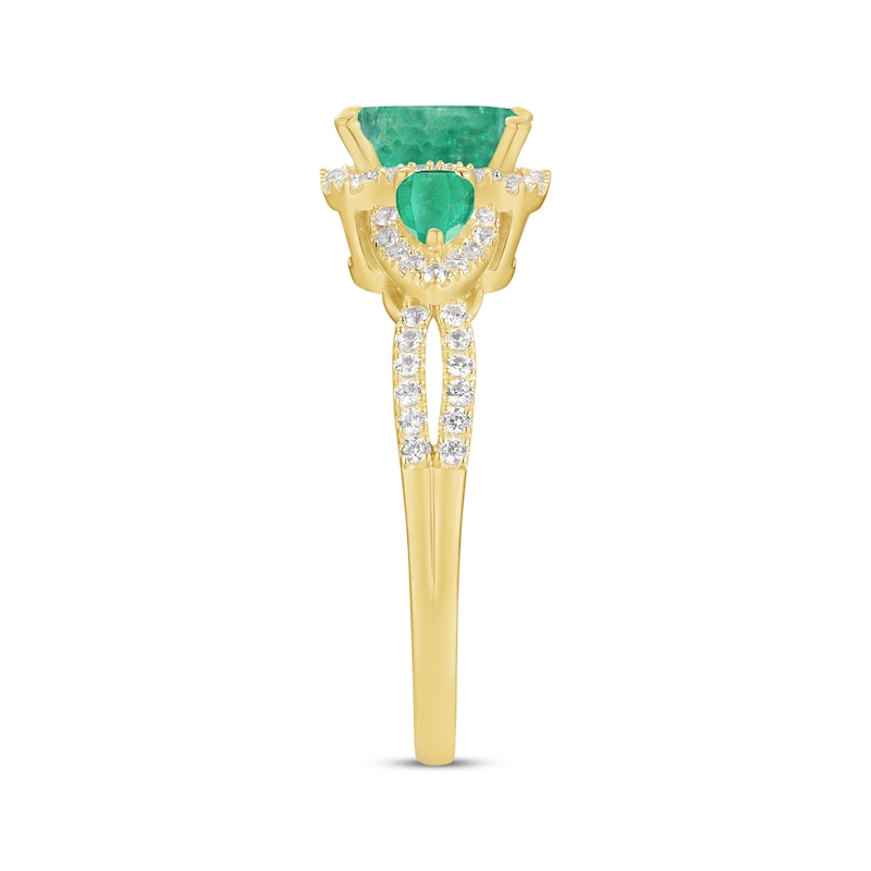 Emerald-Cut & Pear-Shaped Emerald & Diamond Three-Stone Ring 1/3 ct tw Yellow Gold Plated