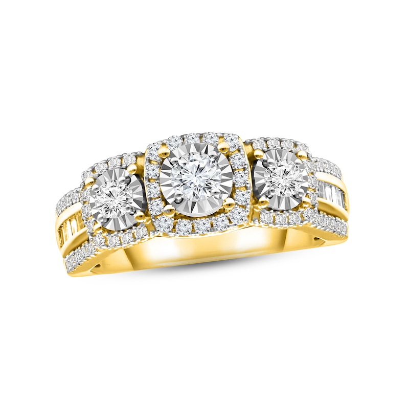 Diamond Three-Stone Engagement Ring 1 ct tw Round & Baguette-cut Yellow Gold Plated