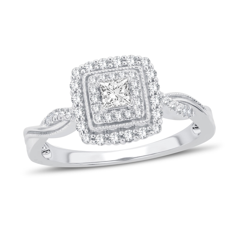Diamond Engagement Ring 3/8 ct tw Princess & Round White Gold Plated