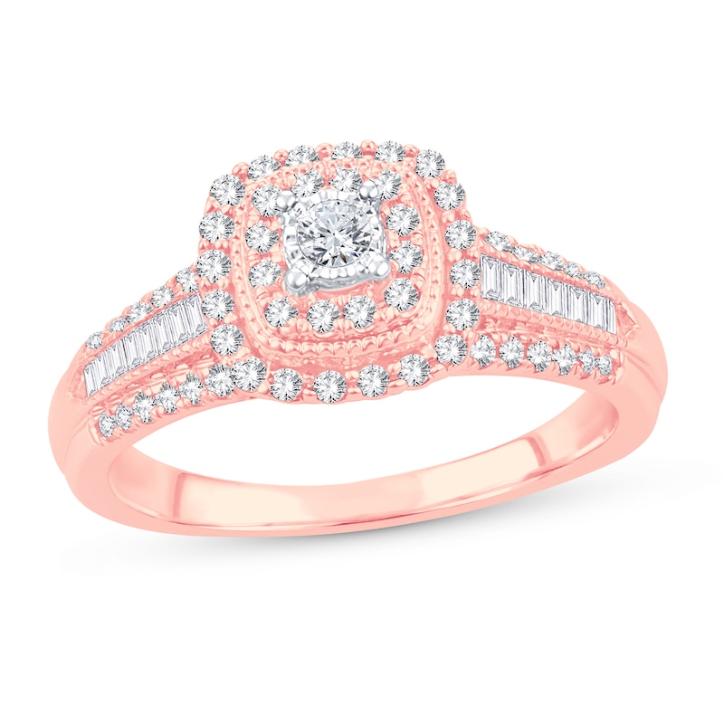 Diamond Engagement Ring 1/2 ct tw Round & Baguette Rose Gold Plated