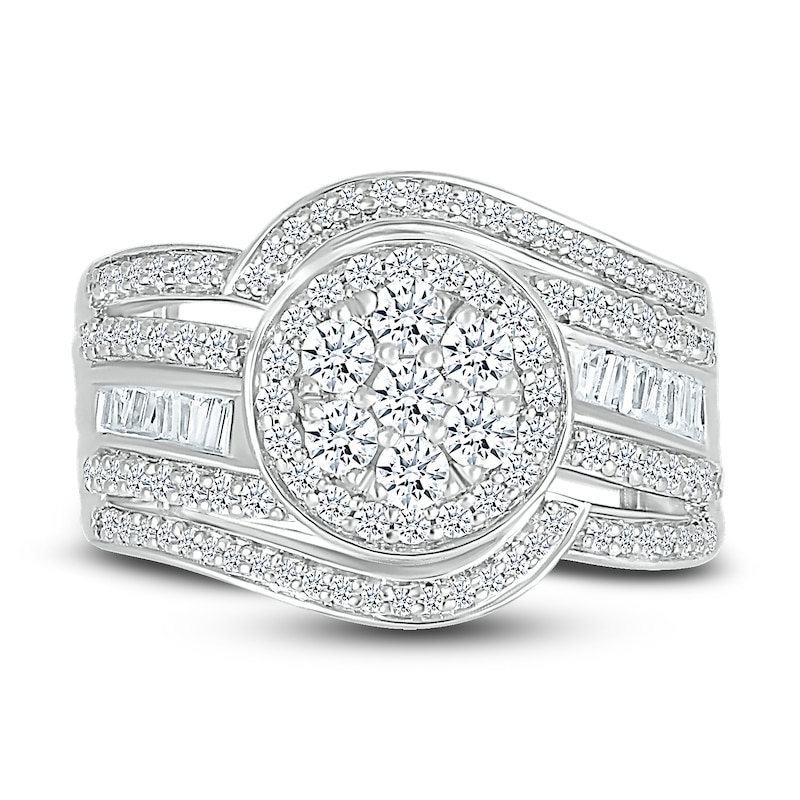 Diamond Flower Ring 1 ct tw Round & Baguette-cut White Gold Plated