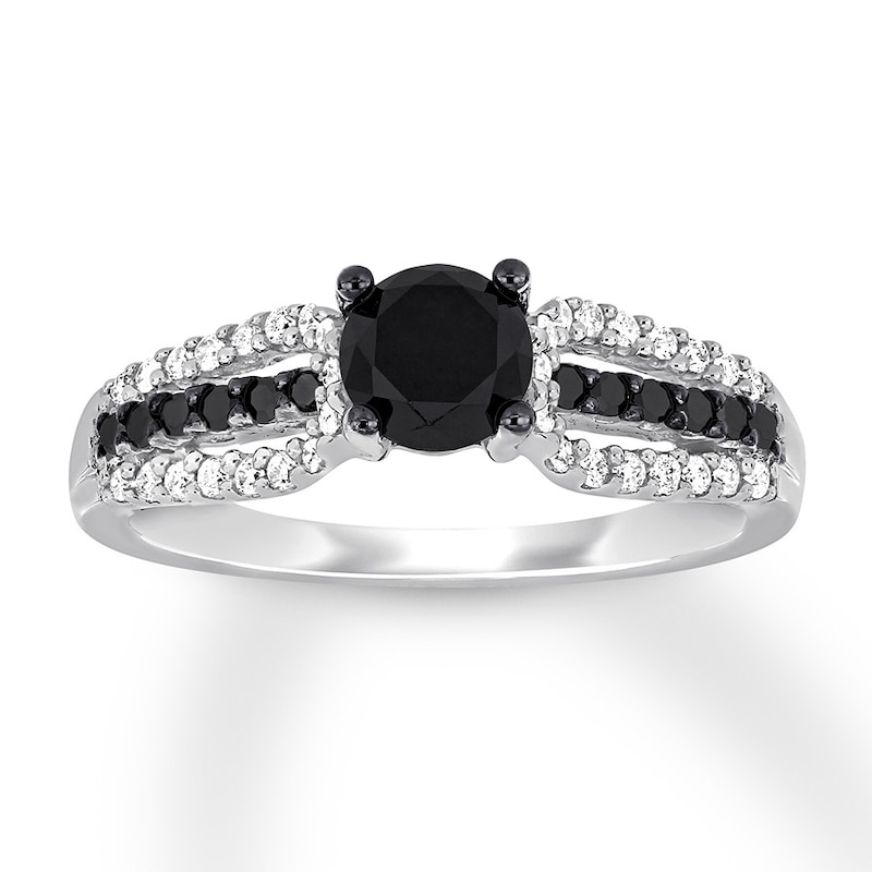 Black & White Diamond Engagement Ring 7/8 ct tw Round-cut White Gold Plated