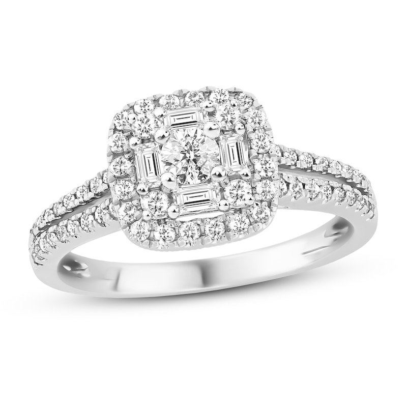 Diamond Engagement Ring 5/8 ct tw Round & Baguette-cut White Gold Plated