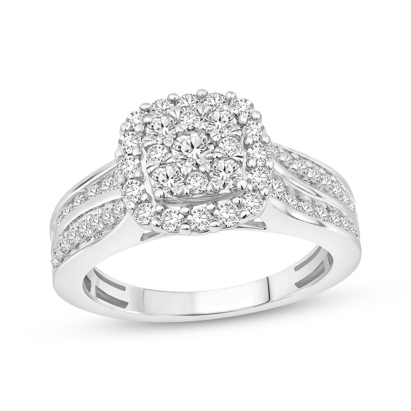 Multi-Diamond Cushion Frame Engagement Ring 1 ct tw White Gold Plated