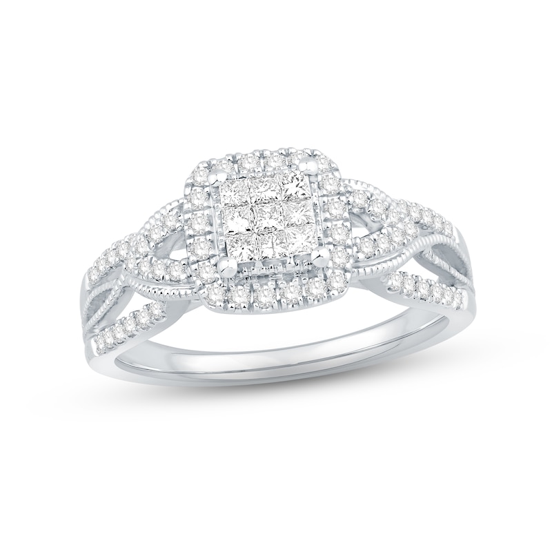 Diamond Engagement Ring 1/2 ct tw Princess & Round-cut White Gold Plated