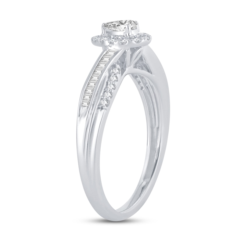 Diamond Engagement Ring 3/8 ct tw Pear, Baguette & Round White Gold Plated