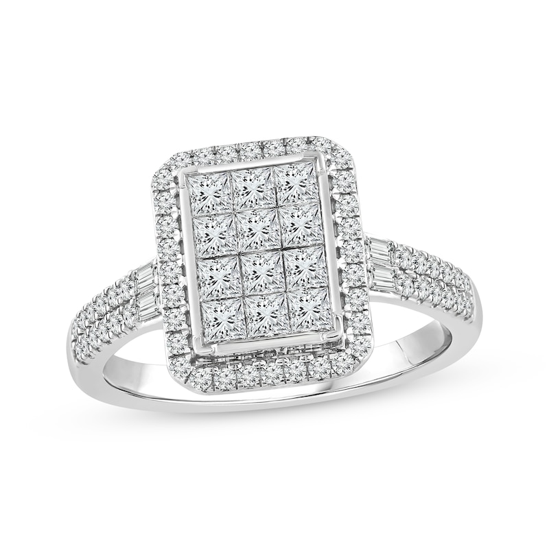 Princess-Cut Multi-Diamond Center Elongated Cushion Engagement Ring 1 ct tw White Gold Plated