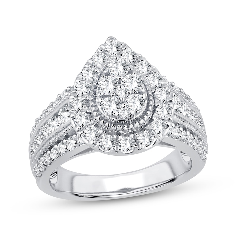 Multi-Diamond Center Pear Frame Engagement Ring 1-1/2 ct tw White Gold Plated
