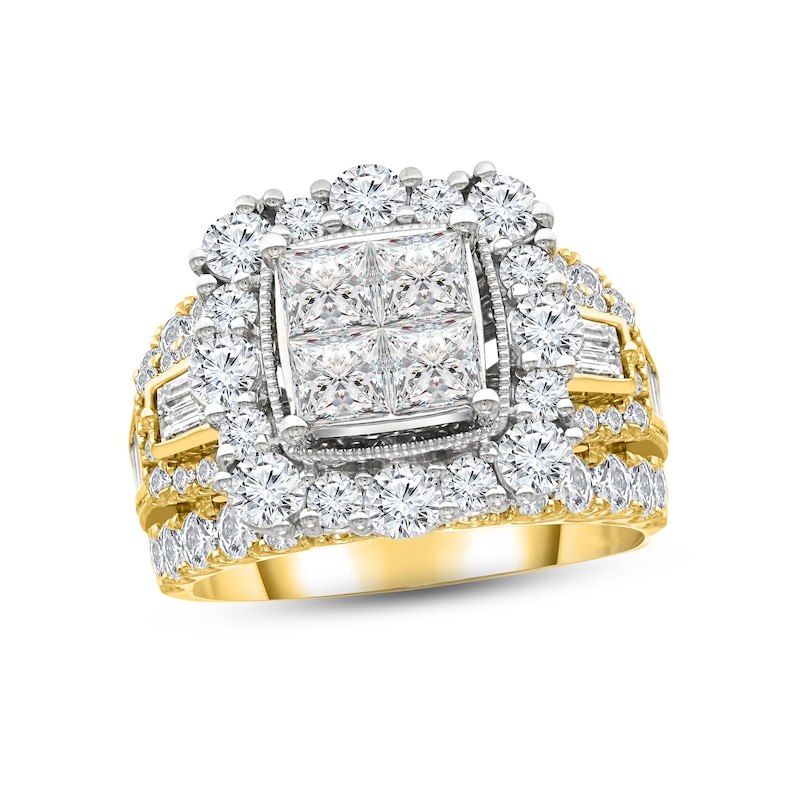 Multi-Diamond Engagement Ring 4 ct tw Princess, Round & Baguette-cut Yellow Gold Plated
