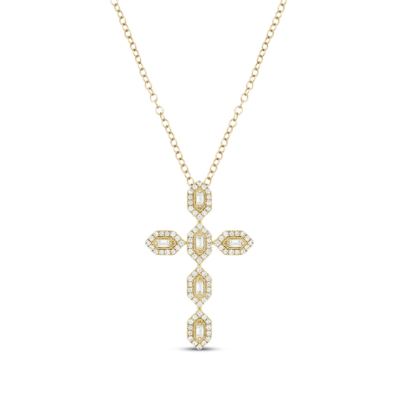 Baguette & Round-Cut Diamond Cross Necklace 1/2 ct tw Yellow Gold Plated 18"