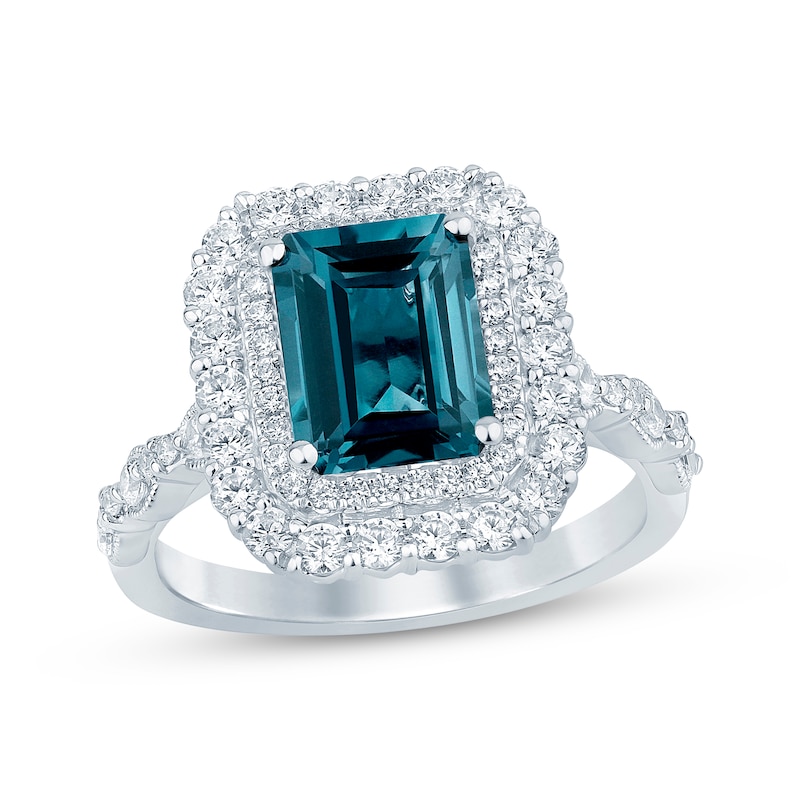 Emerald-Cut London Blue Topaz & Round-Cut Diamond Engagement Ring 7/8 ct tw White Gold Plated