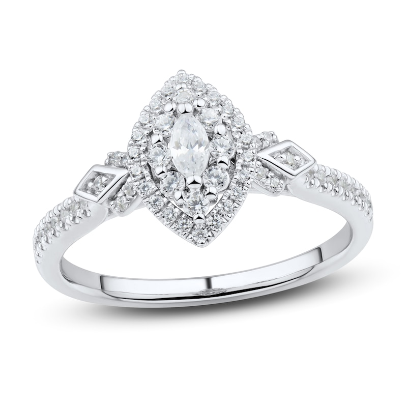 Diamond Engagement Ring 3/8 ct tw Marquise & Round-Cut White Gold Plated