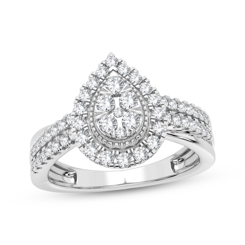 Multi-Diamond Center Pear Engagement Ring 1/2 ct tw Round-cut White Gold Plated
