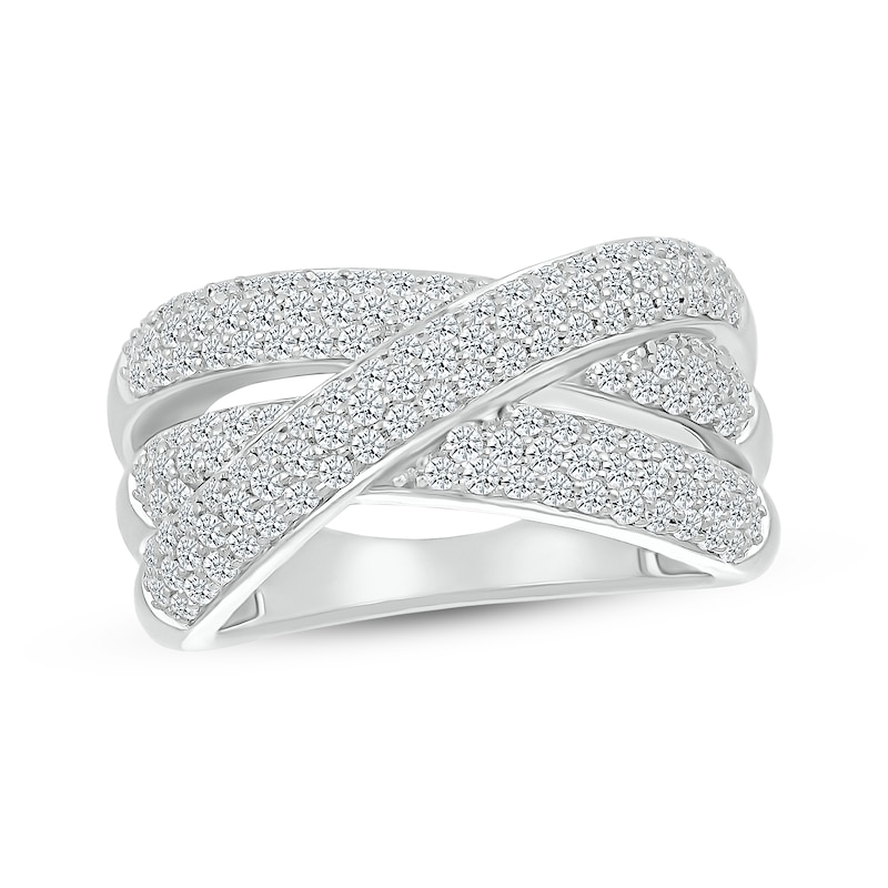 Diamond Three-Row Crossover Ring 1 ct tw White Gold Plated