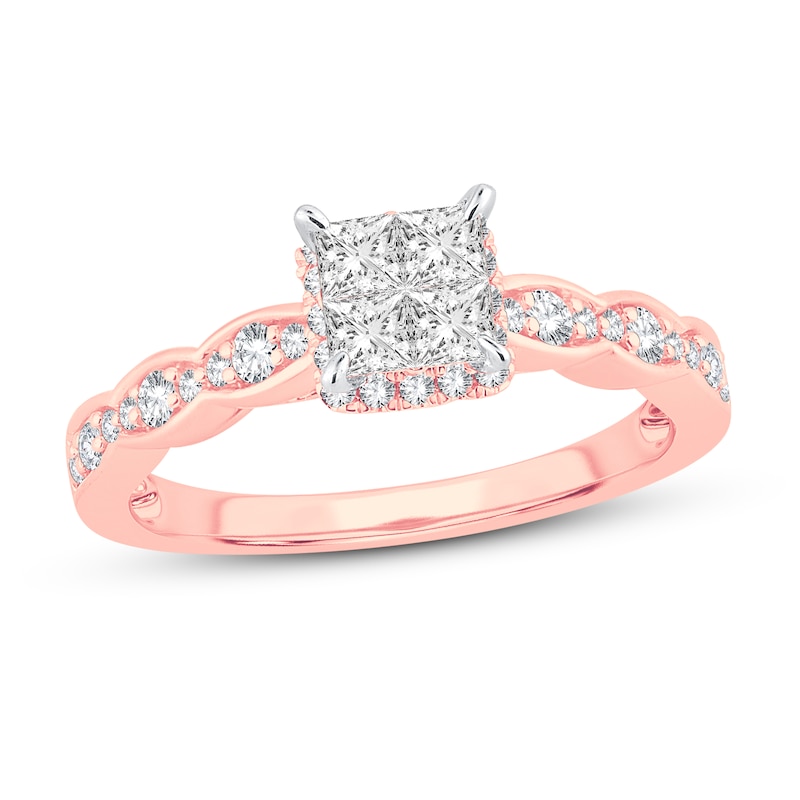 Multi-Diamond Engagement Ring 5/8 ct tw Princess & Round Rose Gold Plated