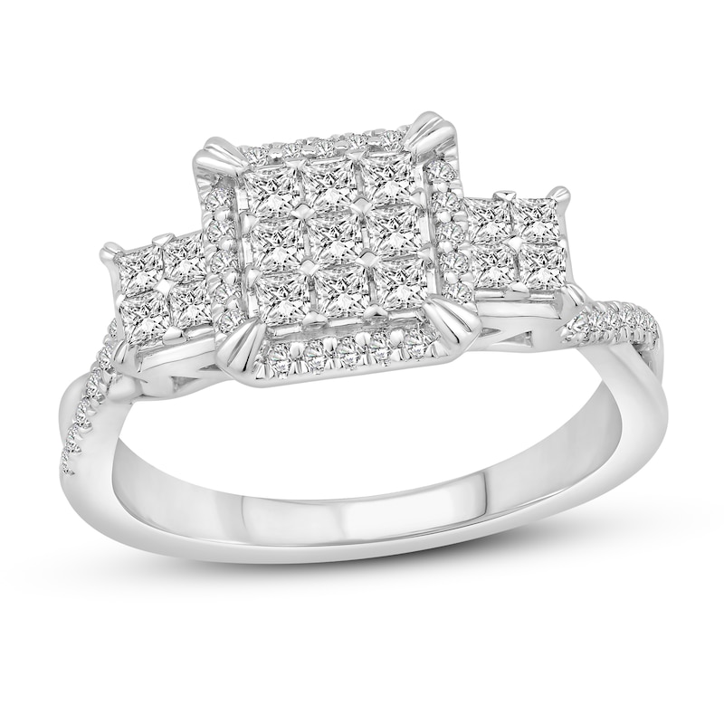 Diamond Engagement Ring 3/4 ct tw Princess & Round White Gold Plated