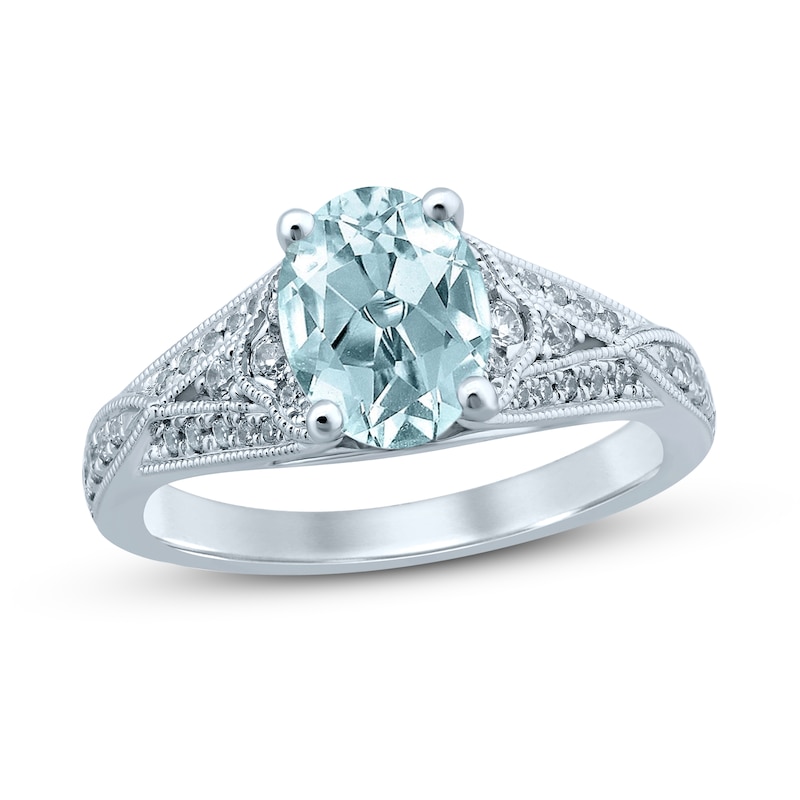Oval Aquamarine Engagement Ring 1/4 ct tw Diamonds White Gold Plated