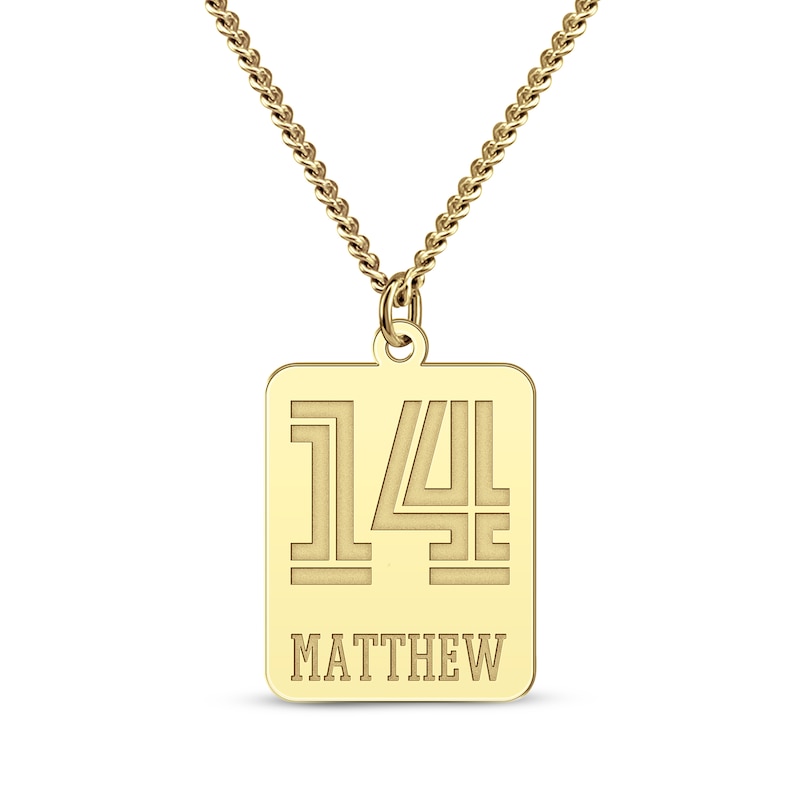 Men's Number & Name Tag Necklace Yellow Gold Plated 22"