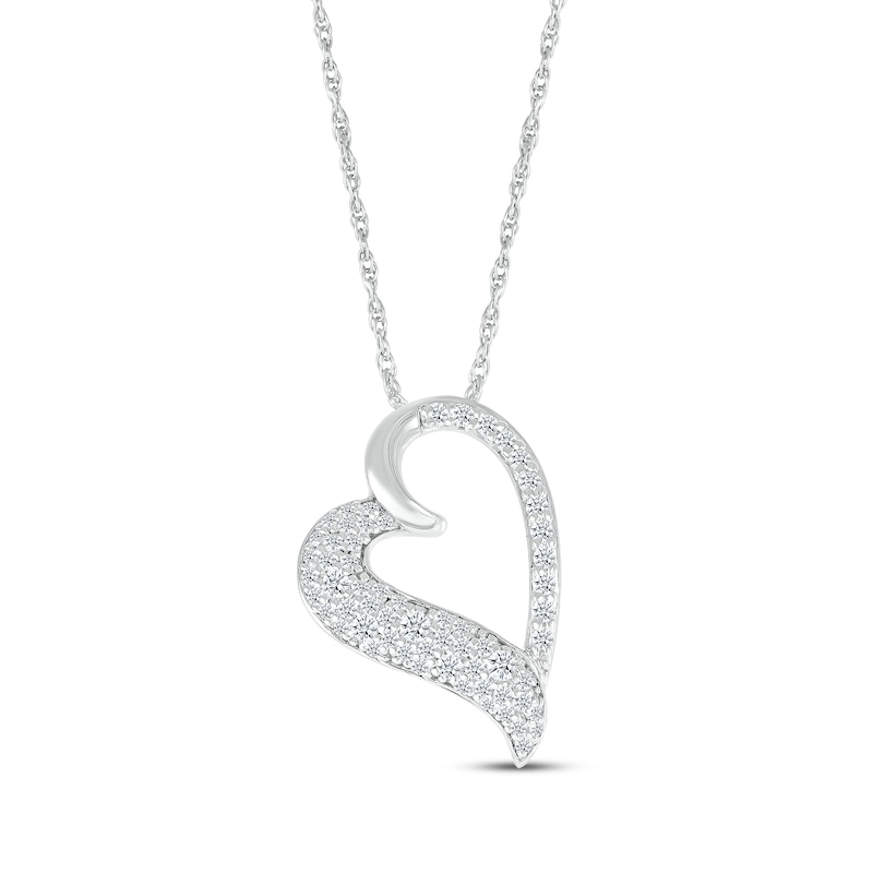 Multi-Diamond Cobblestone Tilted Heart Outline Necklace 3/8 ct tw White Gold Plated 18"