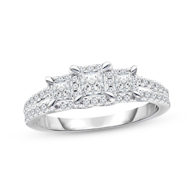 Three-Stone Diamond Engagement Ring 1 ct tw Princess & Round White Gold Plated