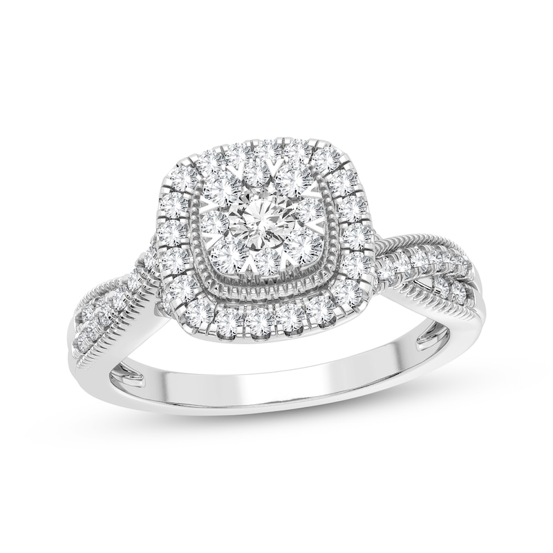 Multi-Diamond Center Cushion Engagement Ring 3/8 ct tw Round-cut White Gold Plated