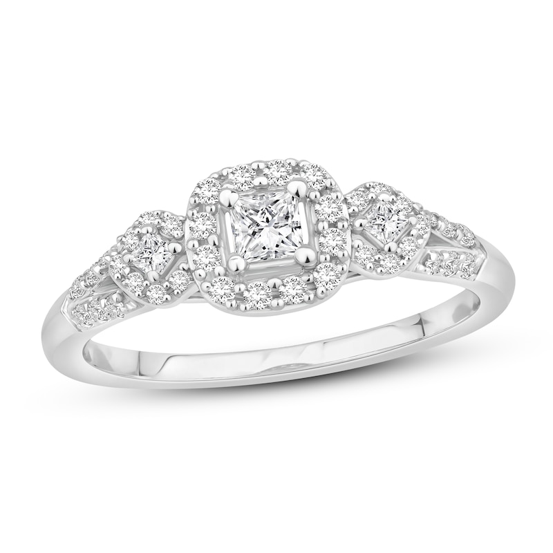 Diamond Engagement Ring 3/8 ct tw Princess & Round White Gold Plated