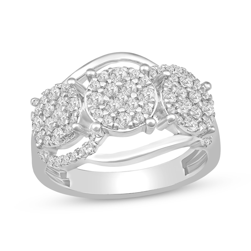 Multi-Diamond Center Three Circle Ring 3/4 ct tw White Gold Plated