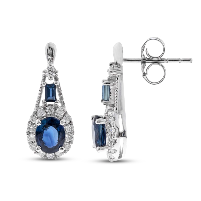 Blue Sapphire & Diamond Drop Earrings 1/5 ct tw Oval, Round, Rectangle-Cut White Gold Plated