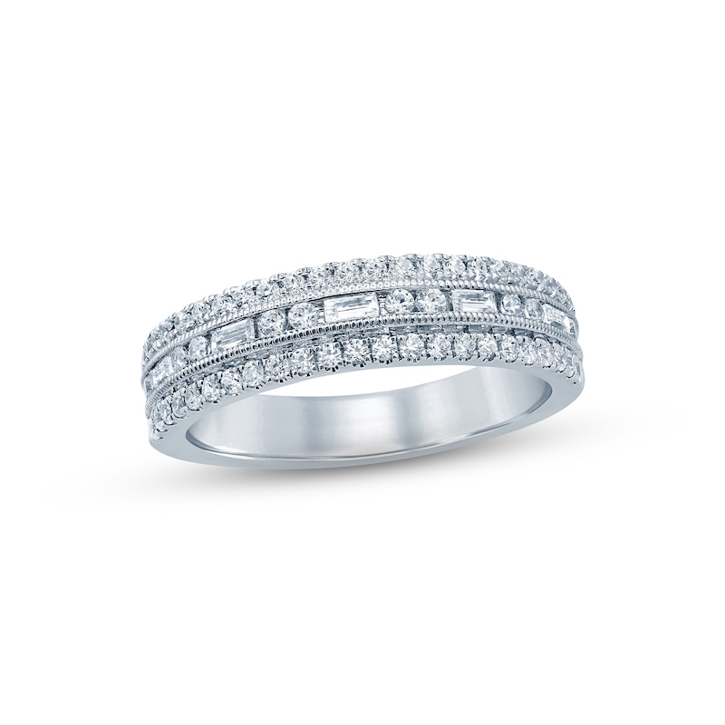 Diamond Anniversary Ring 5/8 ct tw Round & Baguette-cut White Gold Plated