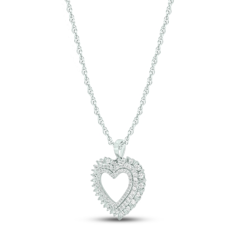 Diamond Heart Necklace 3/4 ct tw Round & Baguette-cut White Gold Plated 18"