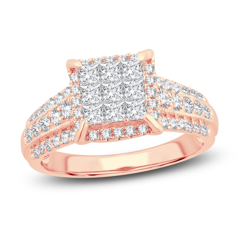 Multi-Diamond Engagement Ring 1 ct tw Princess & Round Rose Gold Plated