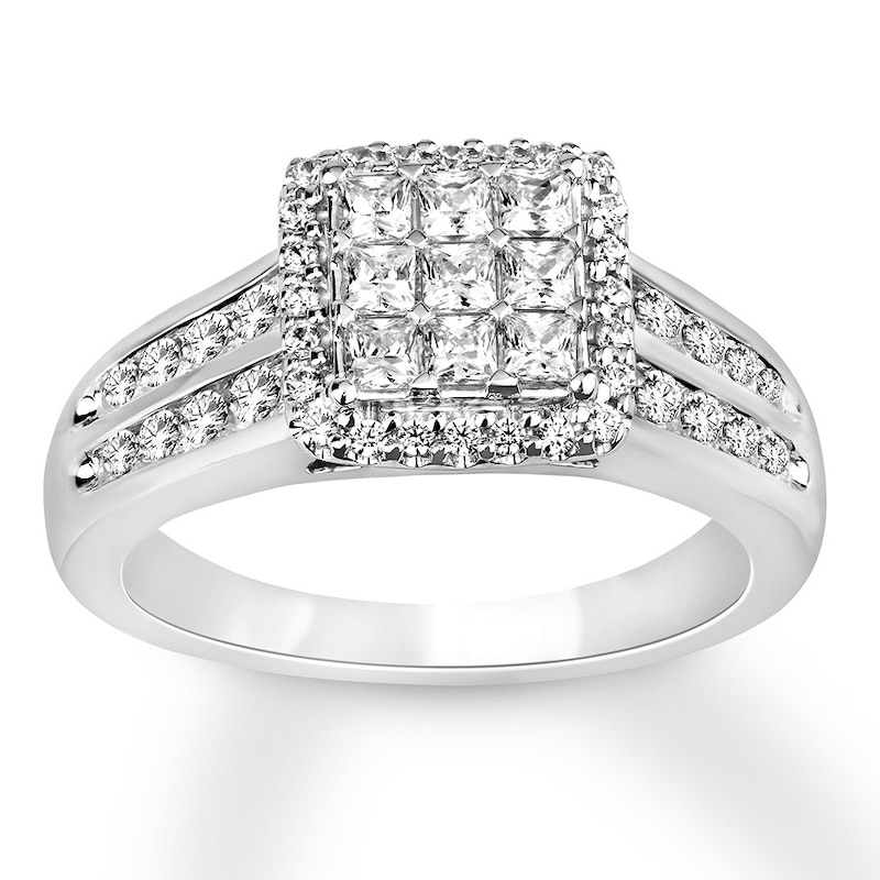Diamond Engagement Ring 7/8 ct tw Princess & Round White Gold Plated