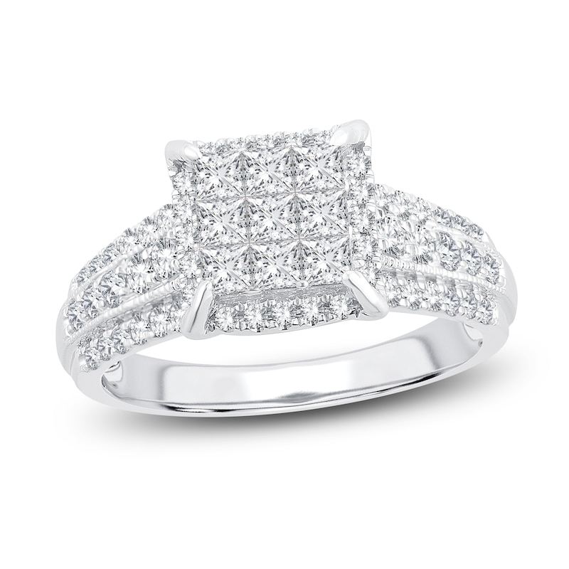 Multi-Diamond Engagement Ring 1 ct tw Princess & Round White Gold Plated